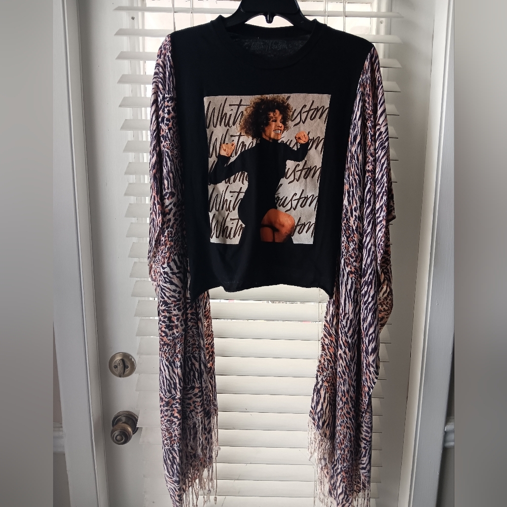 Upcycled Whitney Houston Graphic Crop T-Shirt / Poncho